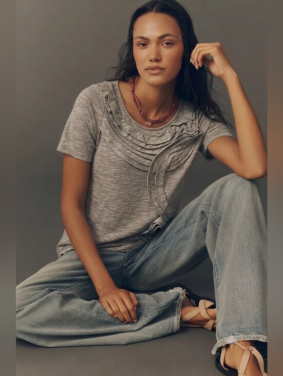 Pilcro Tops - Anthropologie Pilcro Headwaters Womens Shirt Short Sleeve Ruffle GRAY